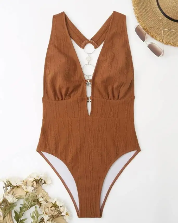 O-ring backless round neck one-piece swimsuit for women, fashionable and sexy one-piece suit, summer 2025 new item