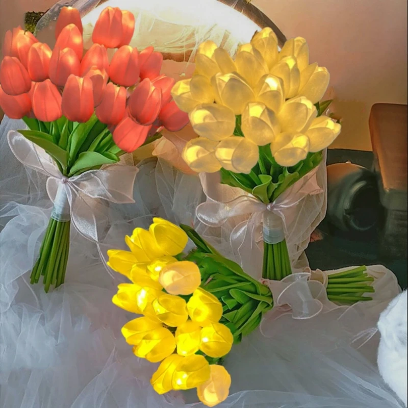 10 PCS Tulips with LED Light Artificial Tulip Flowers Table Lamp Simulation Tulips Bouquet Night Light Gifts for Home Decoration