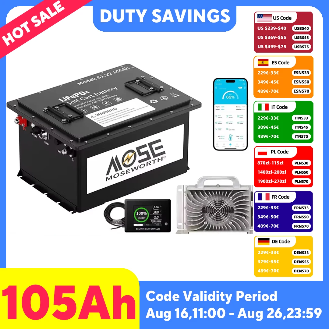MOSEWORTH 48V 105Ah Golfwagen-Lithiumbatterie mit integriertem 200A BMS, Touch-Monitor und Ladegerät, APP-Unterstützung, MAX 10,24 kW