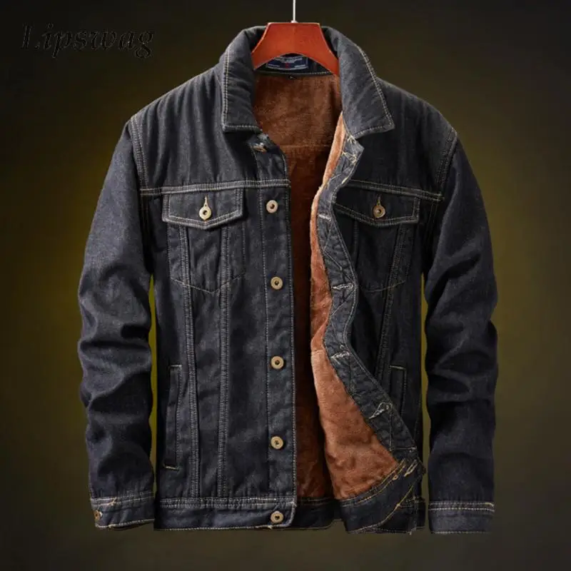 2025 Spring Trendy Mens Denim Jackets Winter Warm Outdoor Fleece Lining Denim Coat Men Vintage Turn-down Collar Jean Cardigans