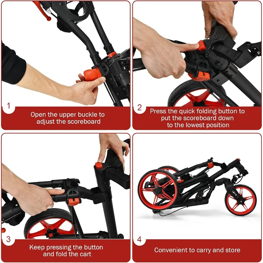 عربة دفع جولف قابلة للطي مع عجلة أمامية دوارة 3 عجلات عربة سحب جولف قابلة للتعديل لسهولة النقل ومعرف تخزين مدمج