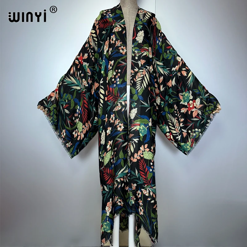 WINYI-cárdigan tipo kimono bohemio para mujer, ropa de playa, vestido estampado abaya de Dubái, trajes de playa de lujo, abrigo largo, caftán musulmán