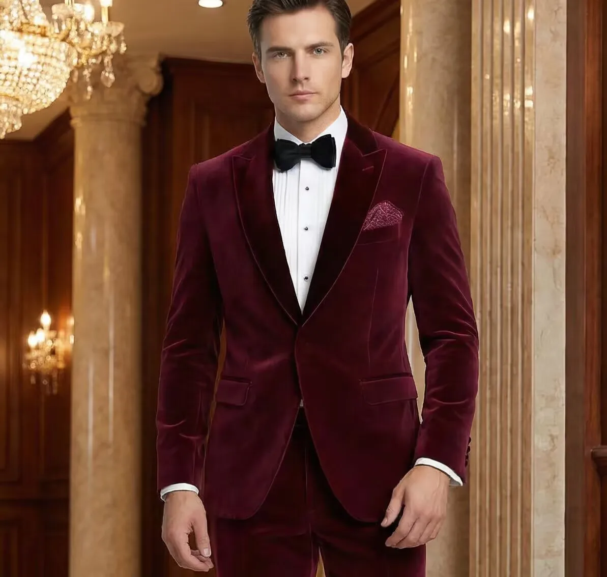 

Деловой бархатный костюм винно-красного цвета; Деловой мужской костюм для свадебной вечеринки; тонкий элитный элегантный формальный костюм-двойка.