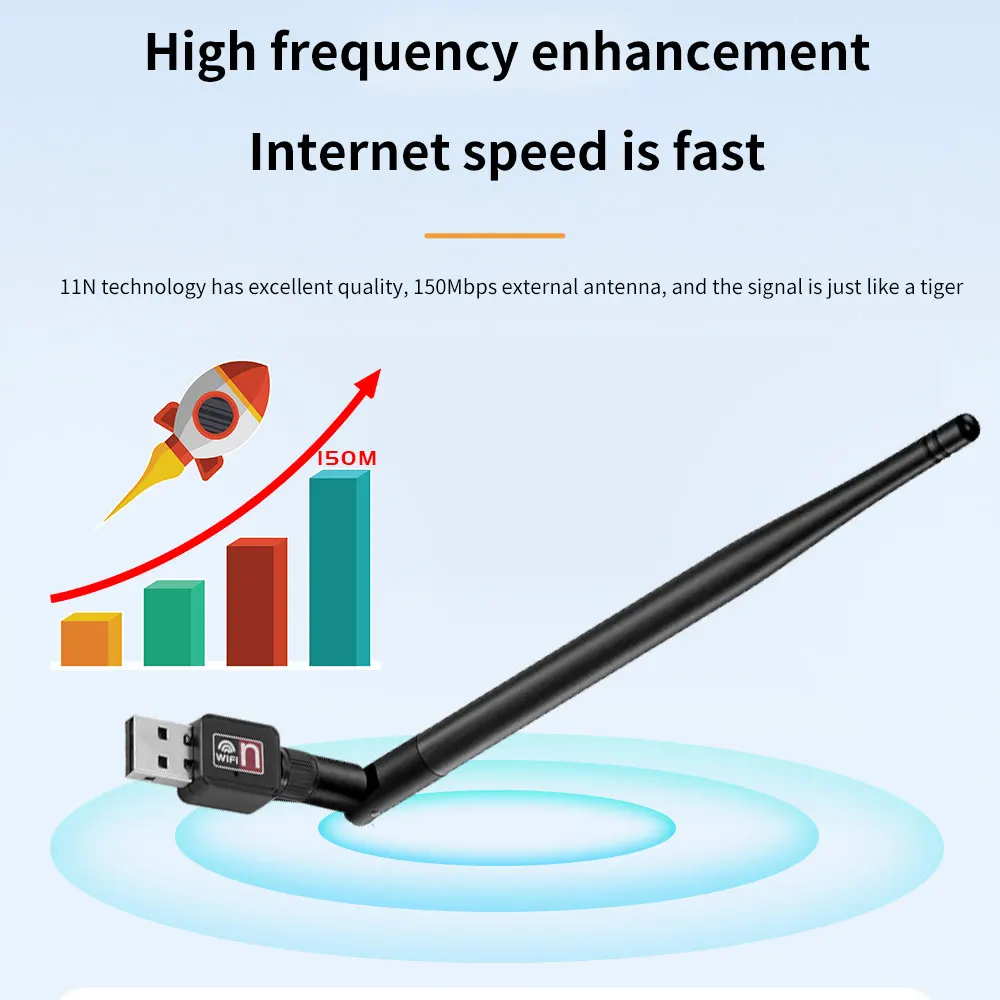 TISHRIC Wi-Fi อะแดปเตอร์เสาอากาศ81885DB การ์ดเครือข่ายไร้สาย2.4GHz 150Mbps USB WiFi WiFi WiFi 802.11 B/G/N สำหรับ PC Windows