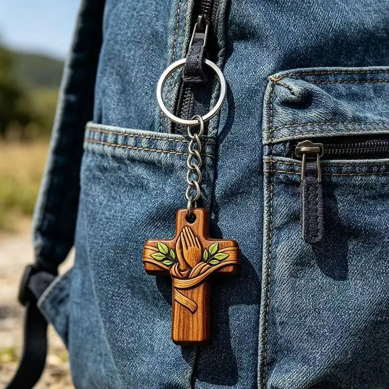 Llavero de cruz religiosa de madera, bolsas de organza con estampado de paloma y etiquetas para regalos de Primera Comunión al por mayor