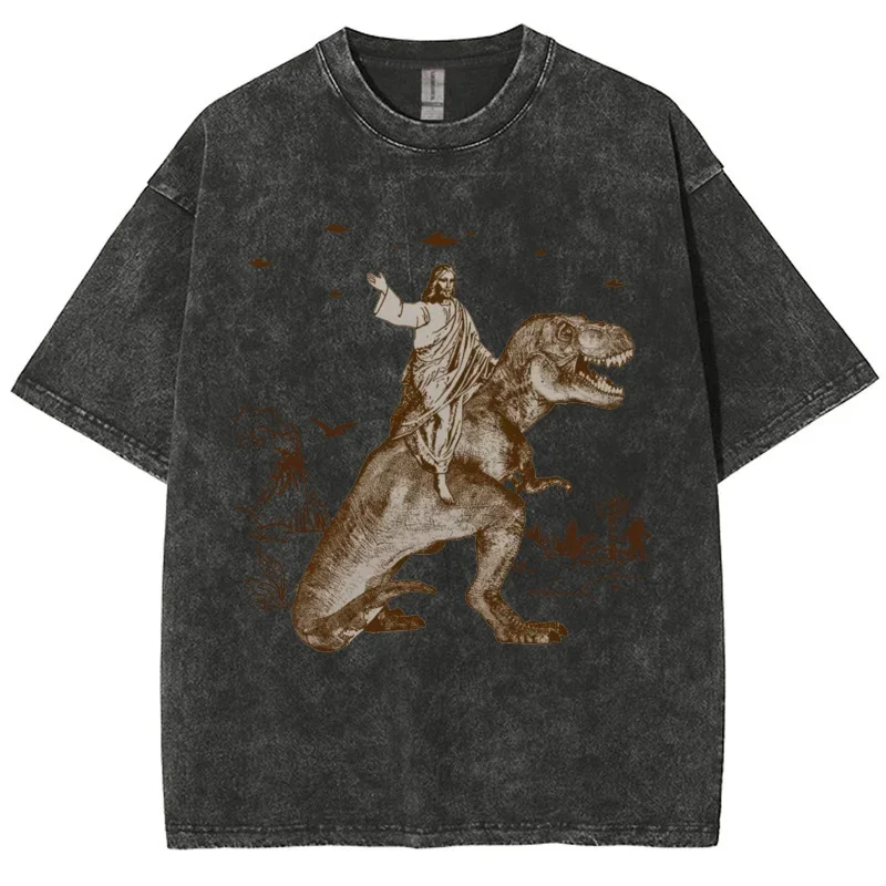 A 2D printed cartoon dinosaur fashion T-shirt for women and women a washable retro pure cotton fashion design top