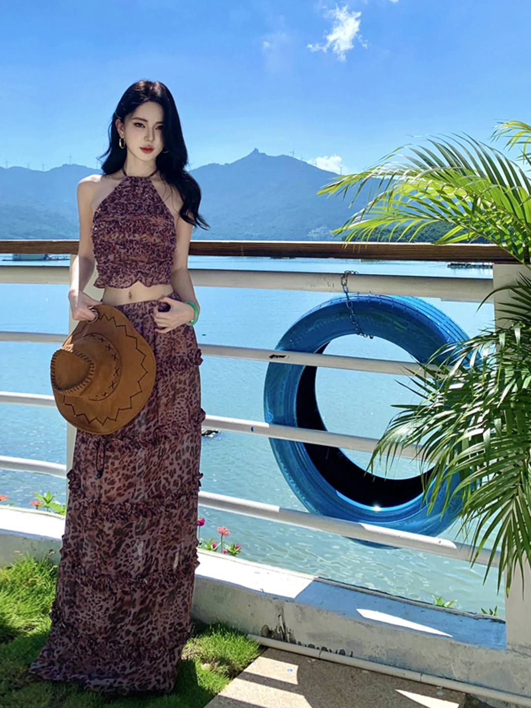 Sexy Leopard Print ter Ne  Dr And Hat Beach Vaion Sle Women's Faion Set Breathable Lightweight Summer Outfit