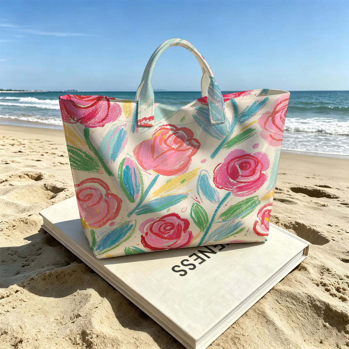 Hand-Painted Blush Rose Floral Stylish Large Glossy PVC Tote Bag Washable Waterproof Durable Ideal for Travel Commute Handbags