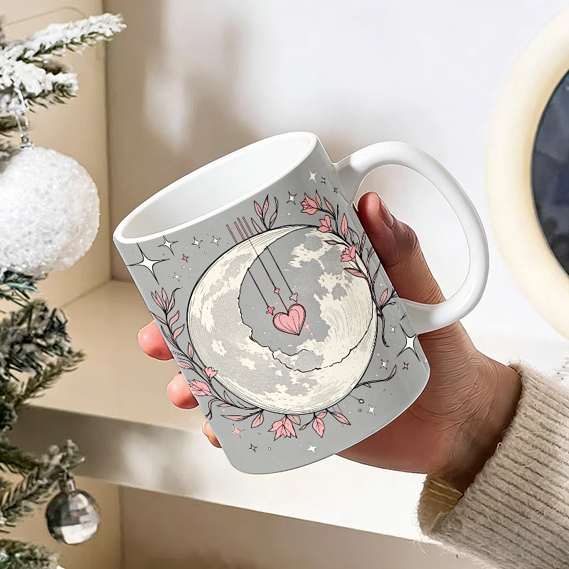 

1pc Dreamy Star and Moon Heart Ceramic Cup with Handle, Creative Coffee Cup, Insulated Milk Cup, Office Tea Cup, Fade-Resistant
