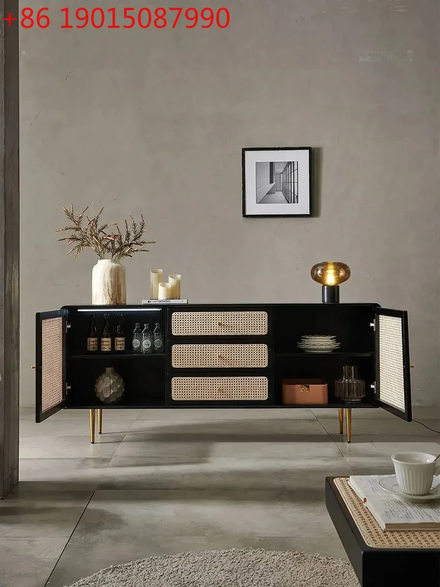 Nordic Solid Wood Modern Minimalist Rattan Storage Drawer Short Three-Bucket Cabinet Hallway Sideboard Cabinet