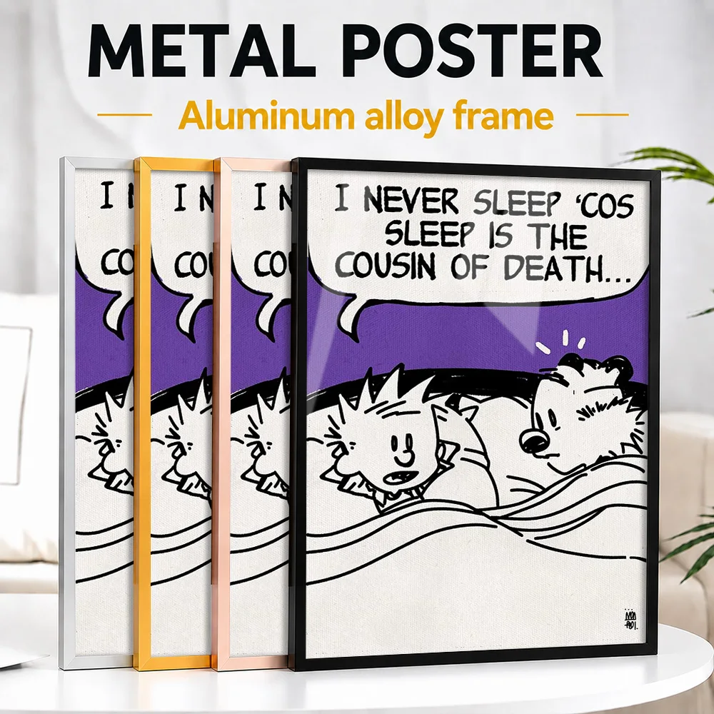 Calvin And Hobbes Sleep Quote Framed Metal Poster Personalized Photo Bold Typography Style Wall Art For Study Pop Culture Gift