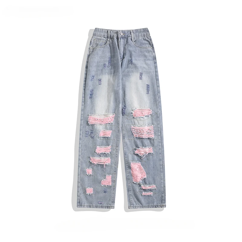 

American High Street Washed Distressed Ripped Hole Jeans for Men/Women Pink Design Nostalgic Straight Denim Pants Unisex Clothes