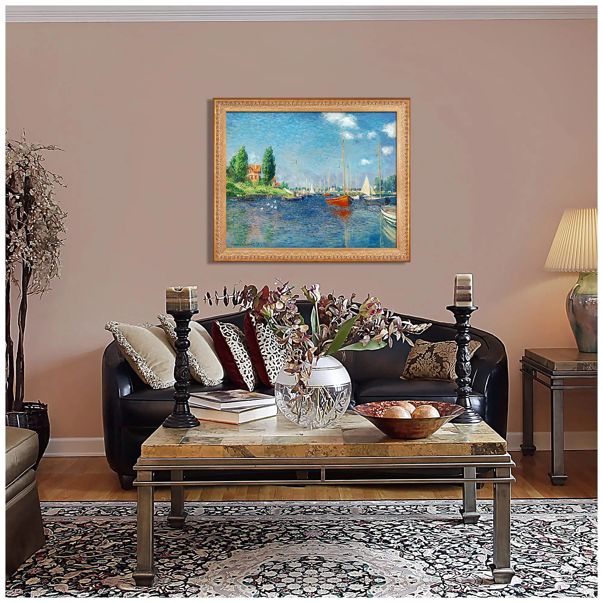 قوارب حمراء في فن جداري مطبوع عليه قماش Argenteuil، منظر طبيعي انطباعي بدون ملصق مؤطر لديكور المنزل، مشهد إبحار كلاسيكي بواسطة