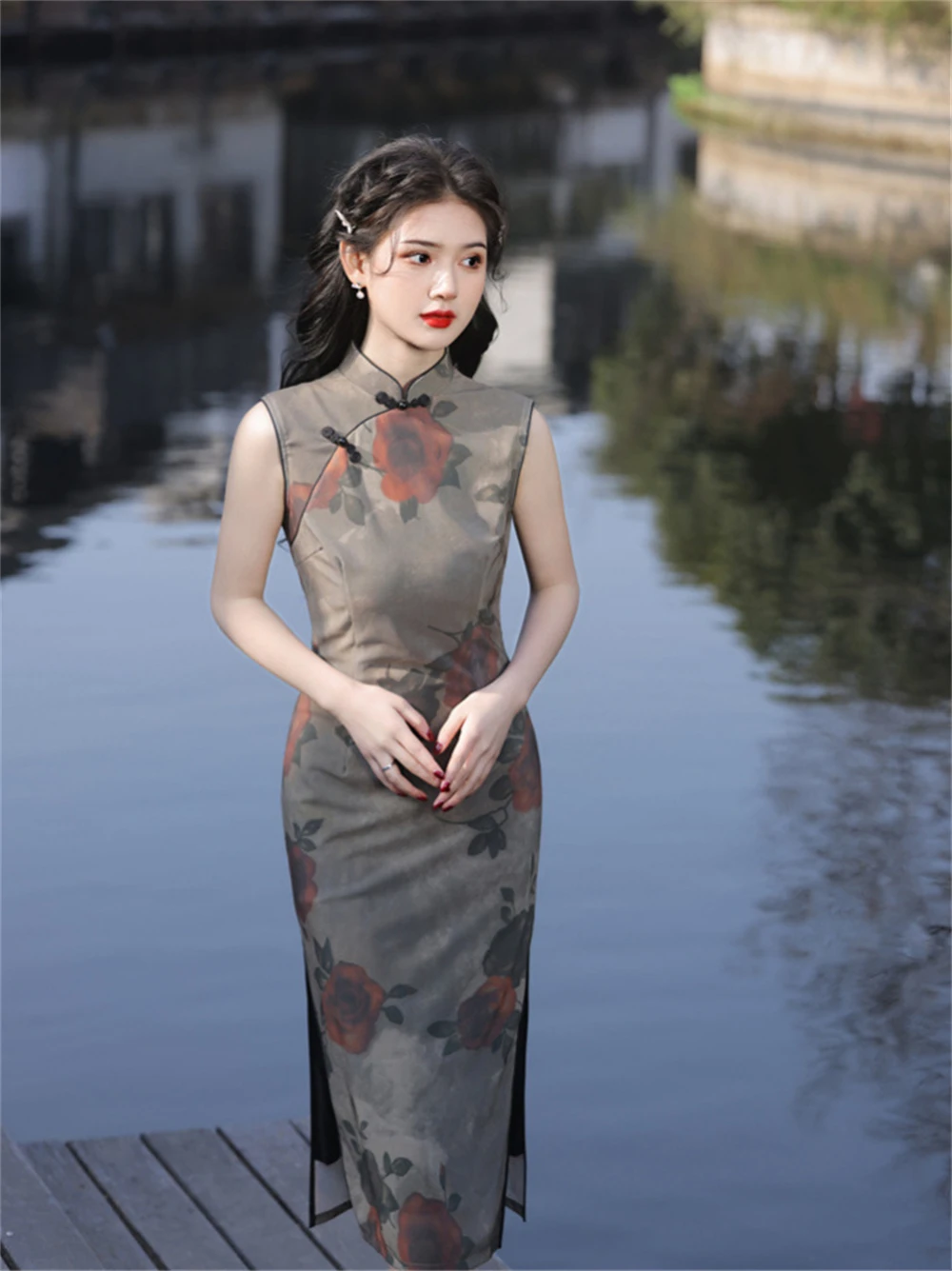 Lady Chinese Traditional Rose Print Cheongsam Women Vintage Elegant Old Shanghai Improved Sleeveless Qipao Dress Evening Vestido