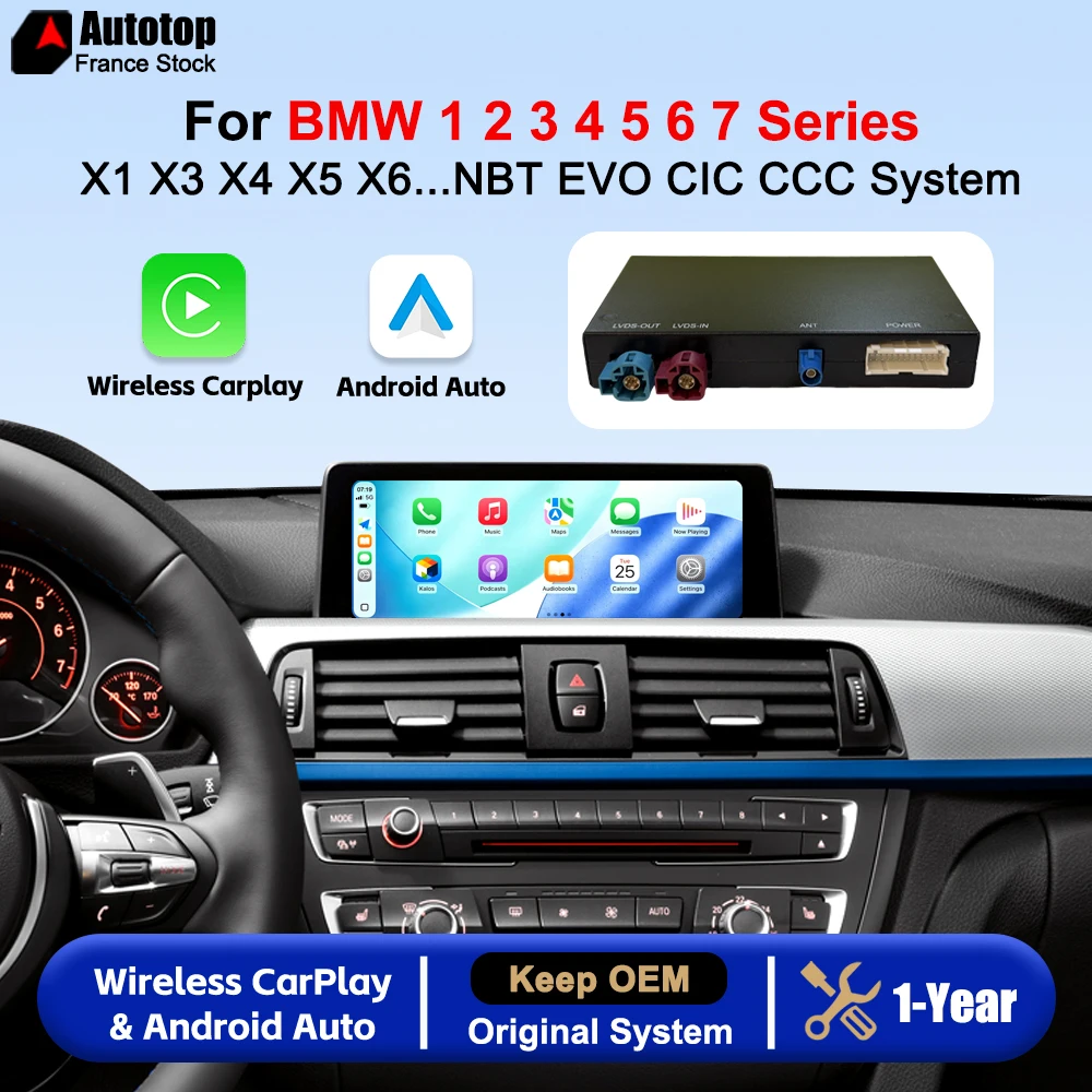 AUTOTOP – bezprzewodowy system CarPlay i Android Auto do samochodów BMW serii 1, 2, 3, 4, 5, 6, 7, X1, X3, X4, X5, X6 (modele F20, F30, E60, E90, F45, F25, E84, F10), MINI GT... Ulepszony system NBT,