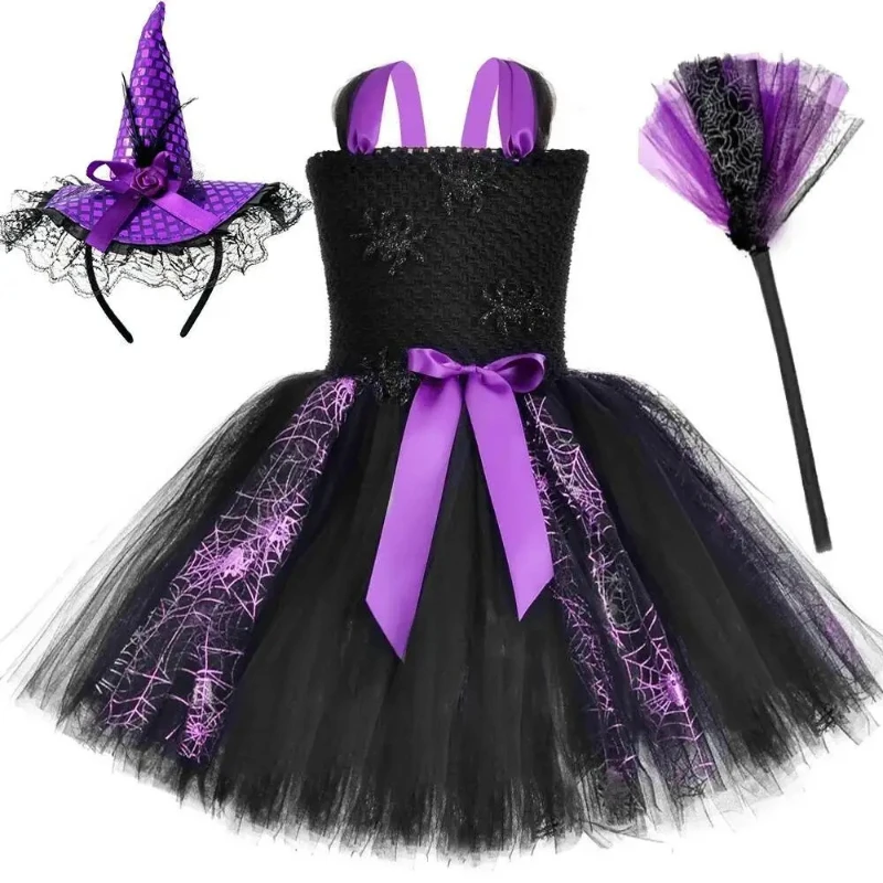 Sparkle Spider Witch Costumes for Girls Carinival Party Outfit with Broom Hairbow Children Clothes for Kids Halloween Tutu Dress