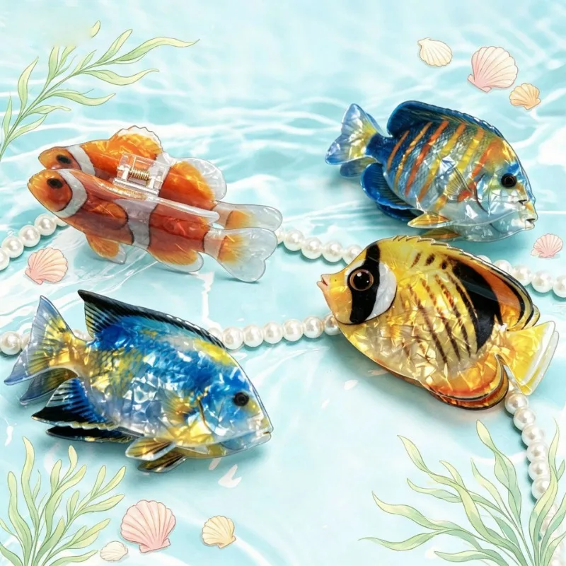 Vacation Ocean Themed Tropical Fish Hair Claw Clip Cute Design Fashion Grab Claw Back-Head Updo Accessory For Summer Holiday