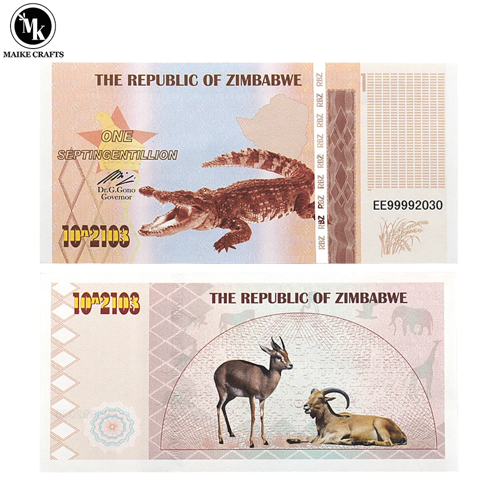 

Zimbabwe One Septingentillion Dollar Crocodile Banknote with UV Anti-counterfeit Serial Number Paper Money Collection Gift