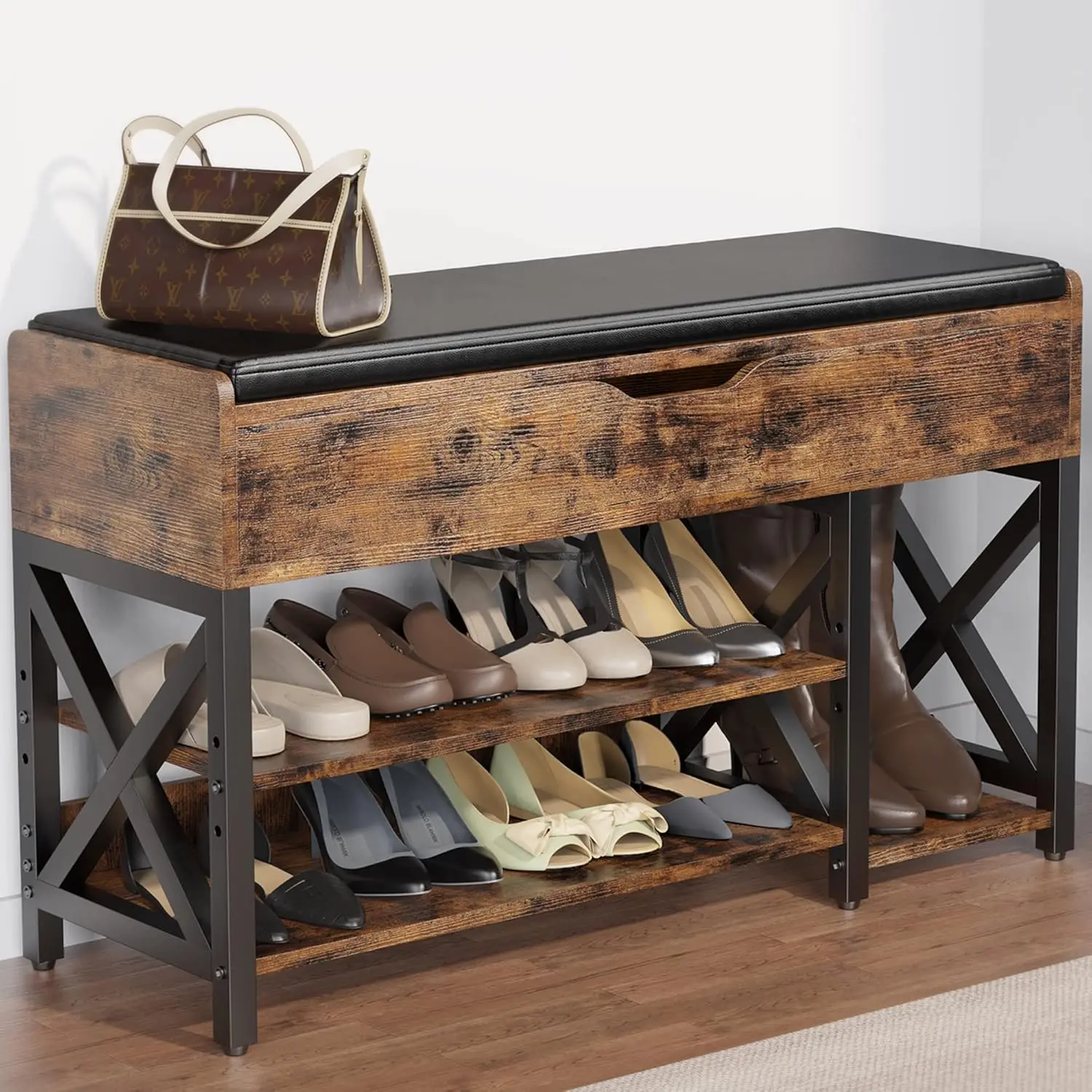 

Lift Top Shoe Storage Bench Adjustable Shelf Metal Wood Organizer Cushion Entry Bedroom Closet 35.5"W, Customized