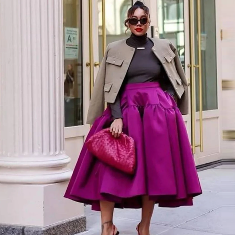 

Purple Satin Puffy Skirts Women Wedding Party Formal Wear Lady High Waist Satin Skirt Tea Length A Line Skirts