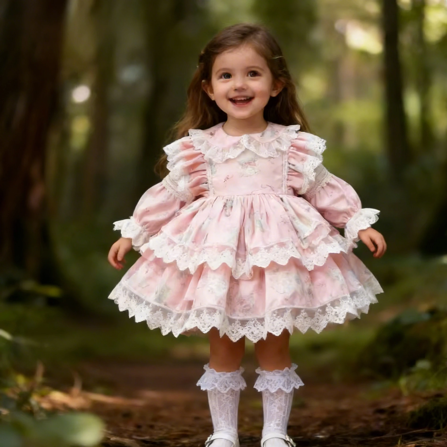 

Customized Pink Flower Girl Dress For Wedding Tiered Long Sleeve Lace Knee Length Cute Kids Birthday First Communion Gown