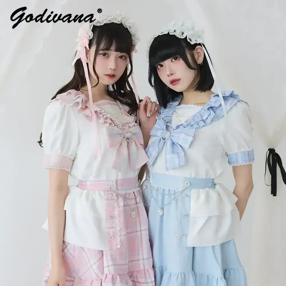 

Japanese New Summer Cute Girl Women's Sweet Ruffled Big Bow Lolita Blouse Pearl Rhinestone Sailor Collar Short Sleeve Shirt Tops