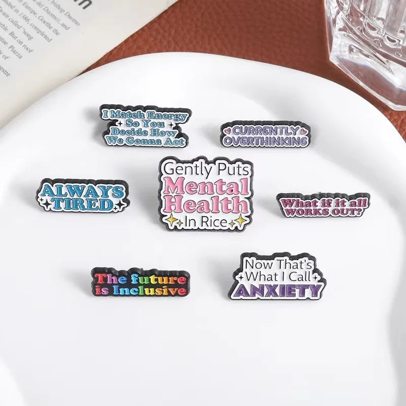 Cartoon Letter Enamel Brooch Lapel Pin NOTICE ANXIETY Good Time Chat GPT Mental Health Rolls Eyes Text Metal Badge Jewelry Gift