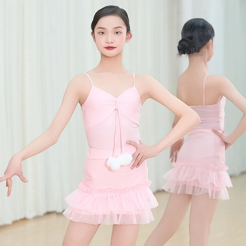 

Pink Latin Dance Dress Summer Sleeveless Bodysuit Skirt Set Girls Rumba Samba Performance Clothes Latin Line Dance Costume 3137