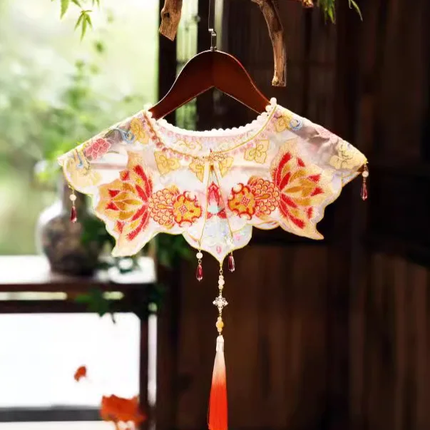 

Women's Spring Autumn Vintage Pearl Beaded Flower Fish Embrodiery Tassel Pashmina Children Kids Winter Shawl Cloak Collar R2698