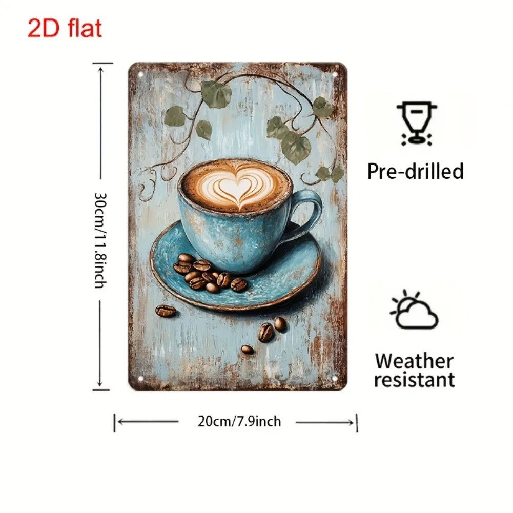 2D Flat Vintage Coffee Cup Metal Wall Art - Rustic Blue Enamel Heart Latte Design, Iron Sign with Pre-Drilled Holes