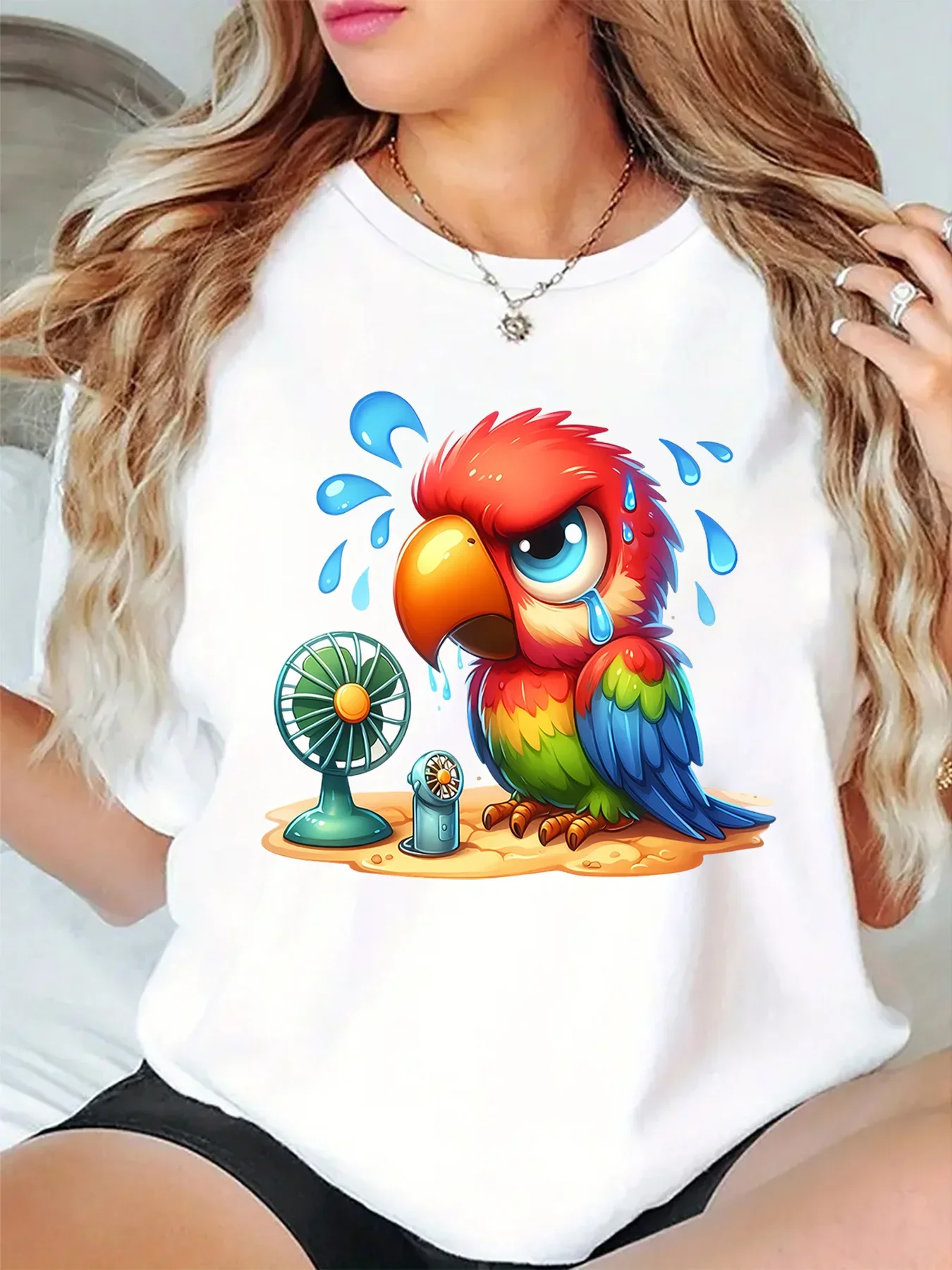 Cute Sweaty Parrot With Two Small Fans Summer Cartoon Art Print Graphic Ladies T Shirt Short Sleeve Crew Neck Casual Tee Tops