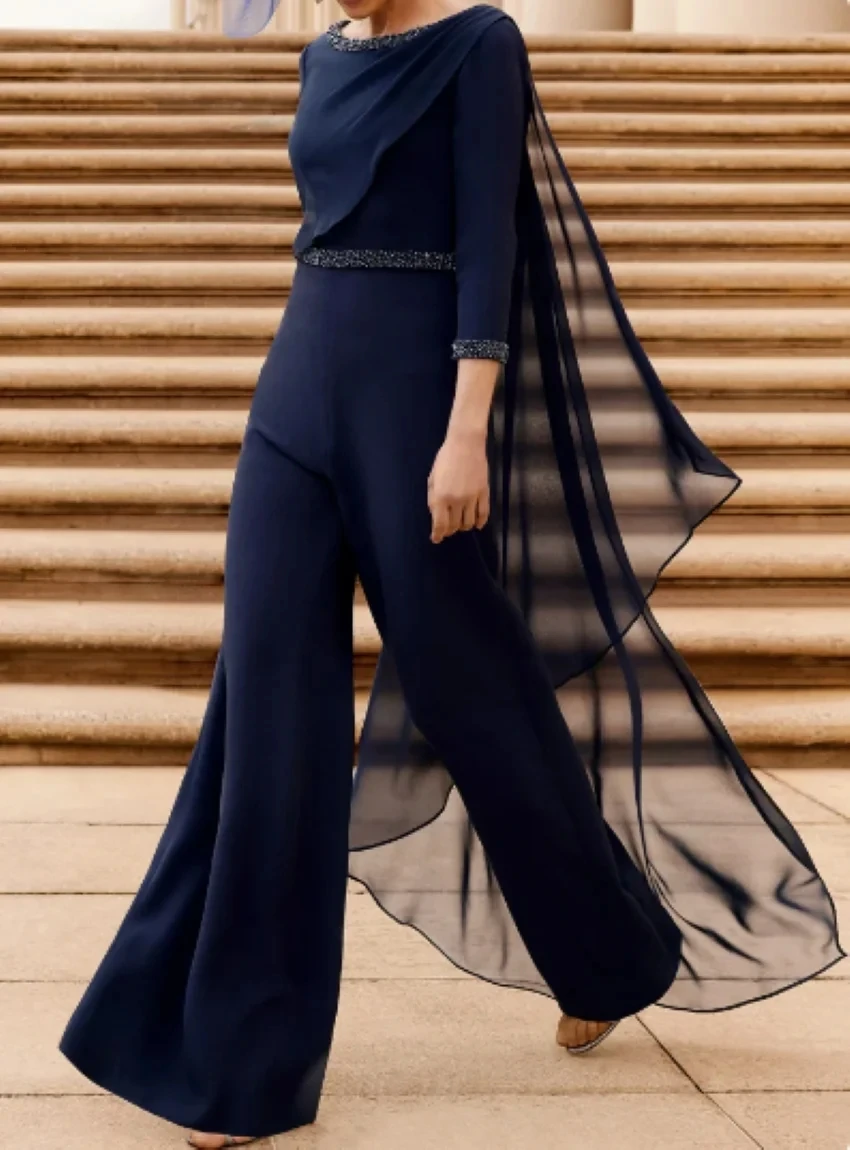 

2025 Navy Blue Jumpsuits Mother of The Bride Dress Scoop Beads Chiffon 3/4 Sleeve Long Wedding Guest Party Gowns New