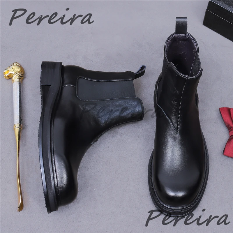 

Spring Autumn Retro Men's Short Boots Black Genuine Leather Thick Soled Med Heel High Top Shoes Trendy Male Handmade Ankle Boots