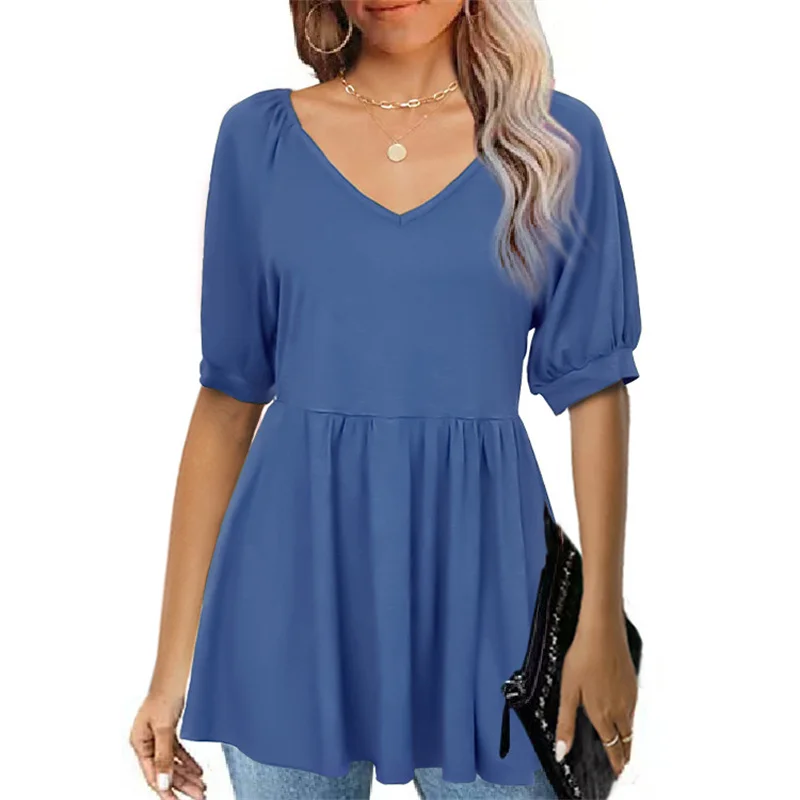 Bubble Short Sleeve Splicing Pleated Hem T-Shirt Fashion Women's V Neck Shrink Waist Tops Female Summer Solid Color Casual Tees