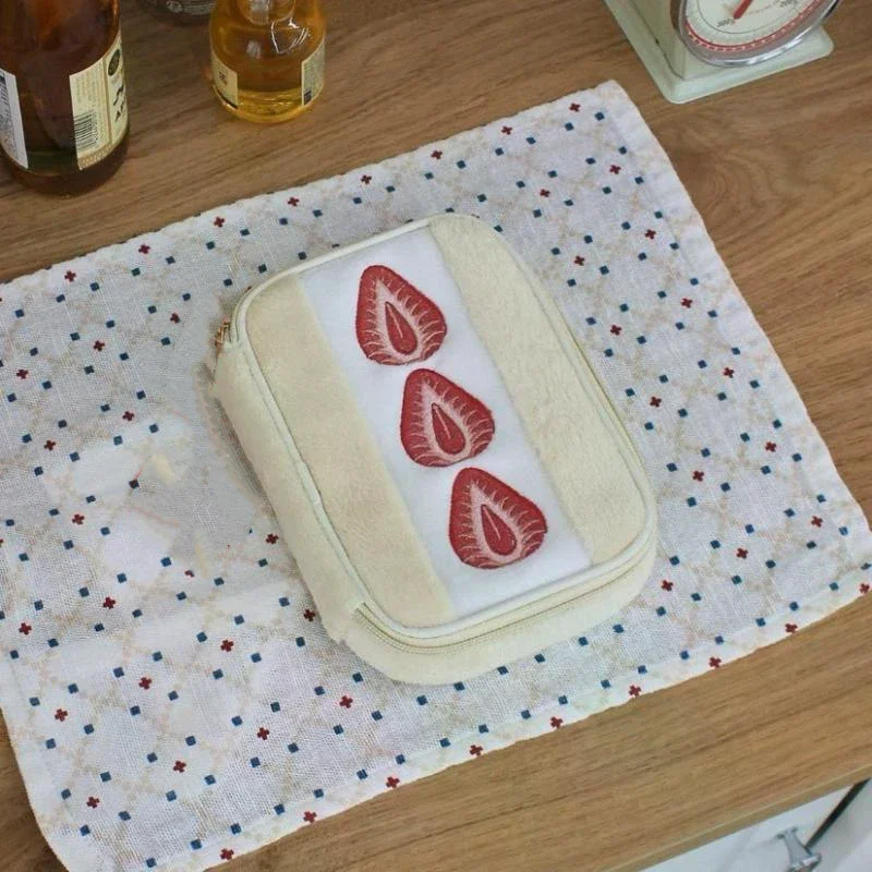 Cute Embroidered Strawberry Pencil Case Portable Stationery Pen Box Multi Functional Large Capacity Makeup Bag Storage Bag