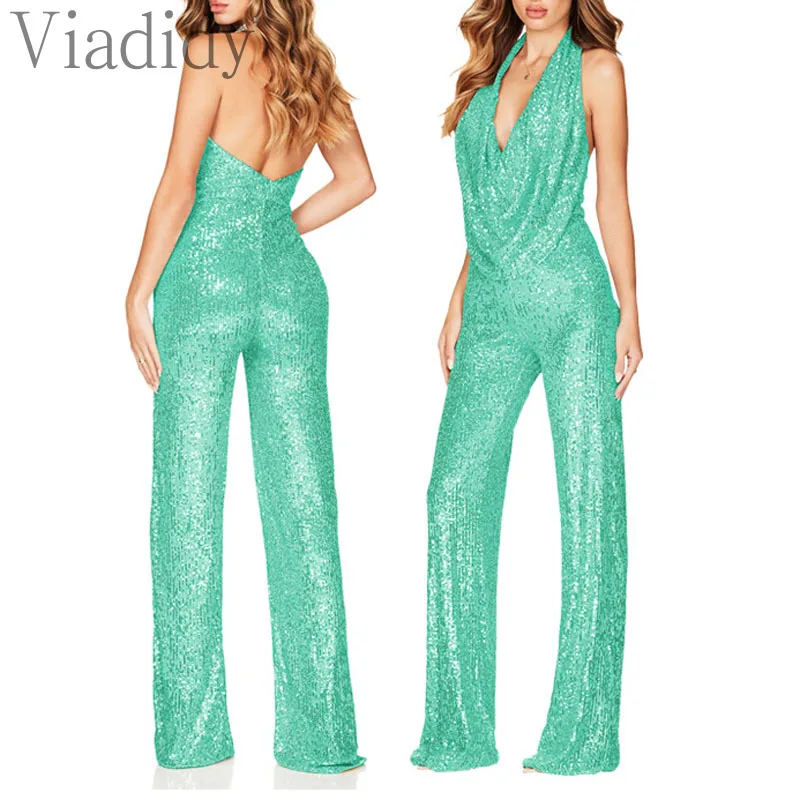 Women Sexy Solid Color Glitter Sequin Decor Open Back Skinny Wide Leg Jumpsuit