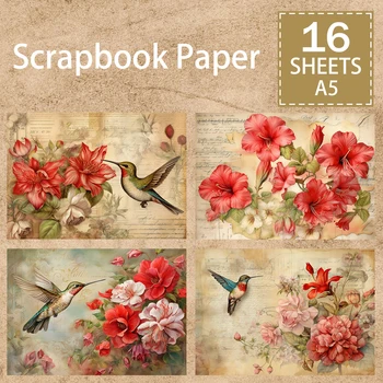 A5 사이즈 식물 꽃 동물 새 참새 배경, 빈티지 그런지 저널, 계획 스크랩북, 16 매