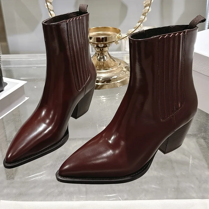 

High quality Autumn new style thick medium heel small pointed toe women's short boots open-toe beaded upper 25110476