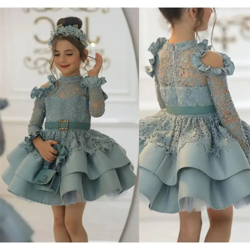 Sunnye Popular Fairy Flower Girl Dress Communion Girl Princess High Neck with Illusion Sleeve Lace Corest Fluffy Skirt Ball Gown