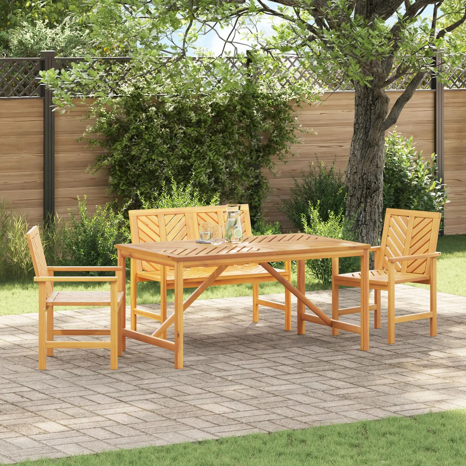 

Rustic Solid Wood Acacia 4 Piece Garden Patio Dining Set Outdoor Furniture Table Chairs