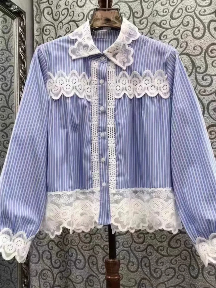 

Blouse Early Autumn New Elegant Embroidery Hollow Lace Patchwork Feminine Lapel Chic Sweet Lovely Top So Long Sleeve Shirt Women