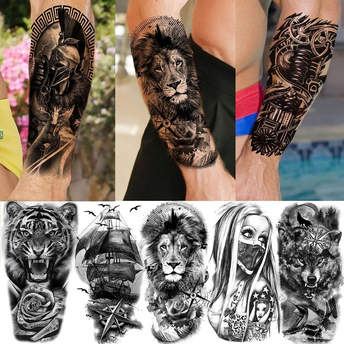 Tatuajes temporales de lobo Tribal, León y tigre para hombres y mujeres, tatuaje falso de brazo y muslo, 3D pegatina, tatuajes de gángster de