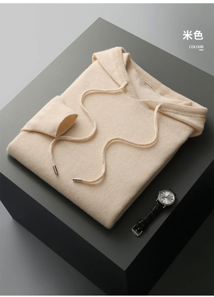 DjzDsm 100% Merino Wool Men's One-piece Ready-to-Wear Hoodie Knitted Sweatshirt Autumn Winter Casual Large Top Long Sleeved