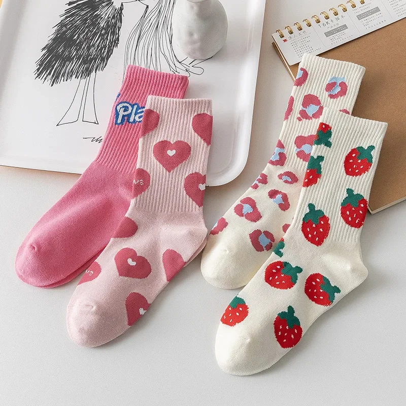 Spring Autumn Pink Letter Love Strawberry Socks Women Fashion Versatile Japanese Cute Ins Trendy Long Socks Medium Socks