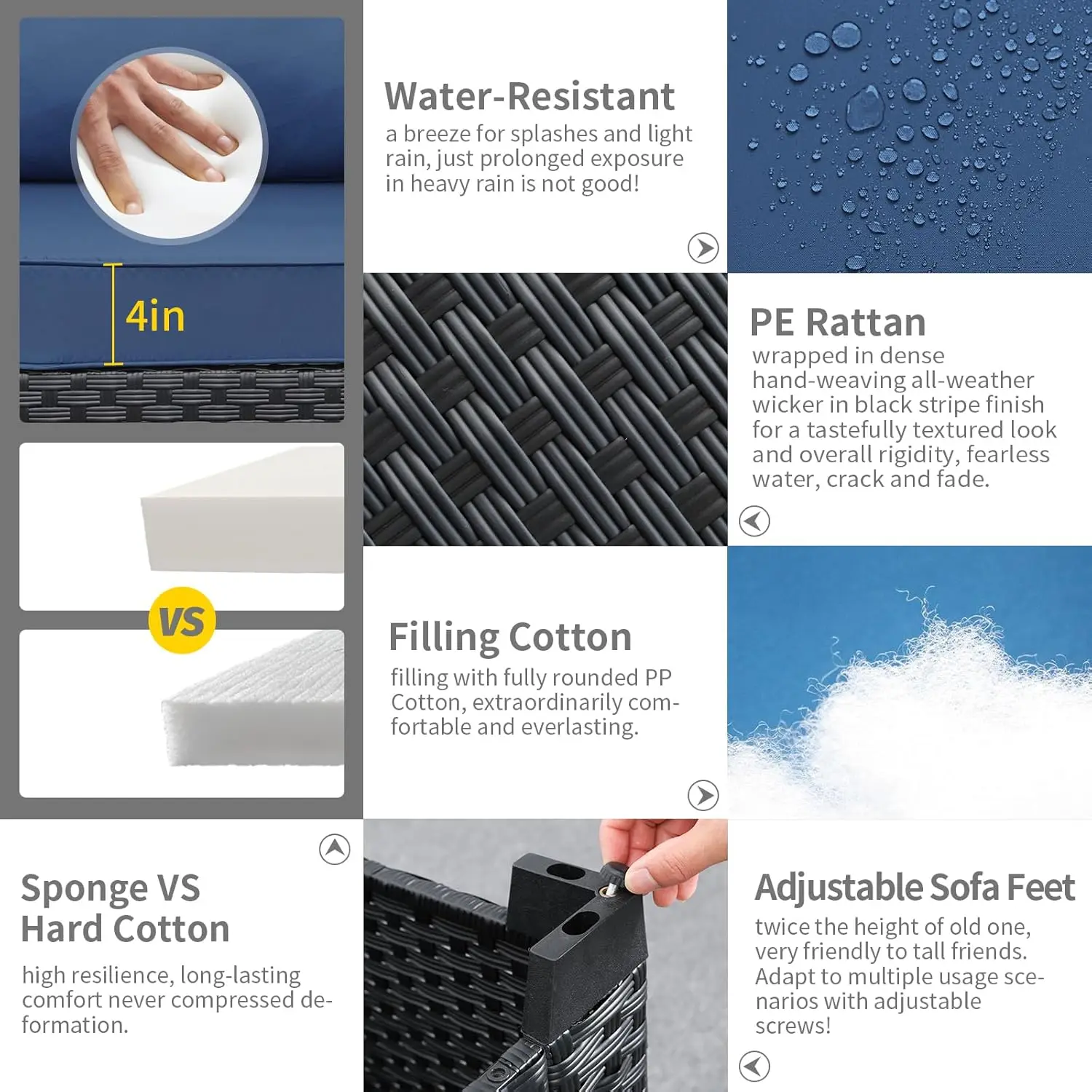 أثاث خارجي، أريكة ذات 3 مقاعد، مقعد عميق، مسند ظهر عالي، غطاء مقاوم للماء، وسائد مضادة للانزلاق، أزرق داكن