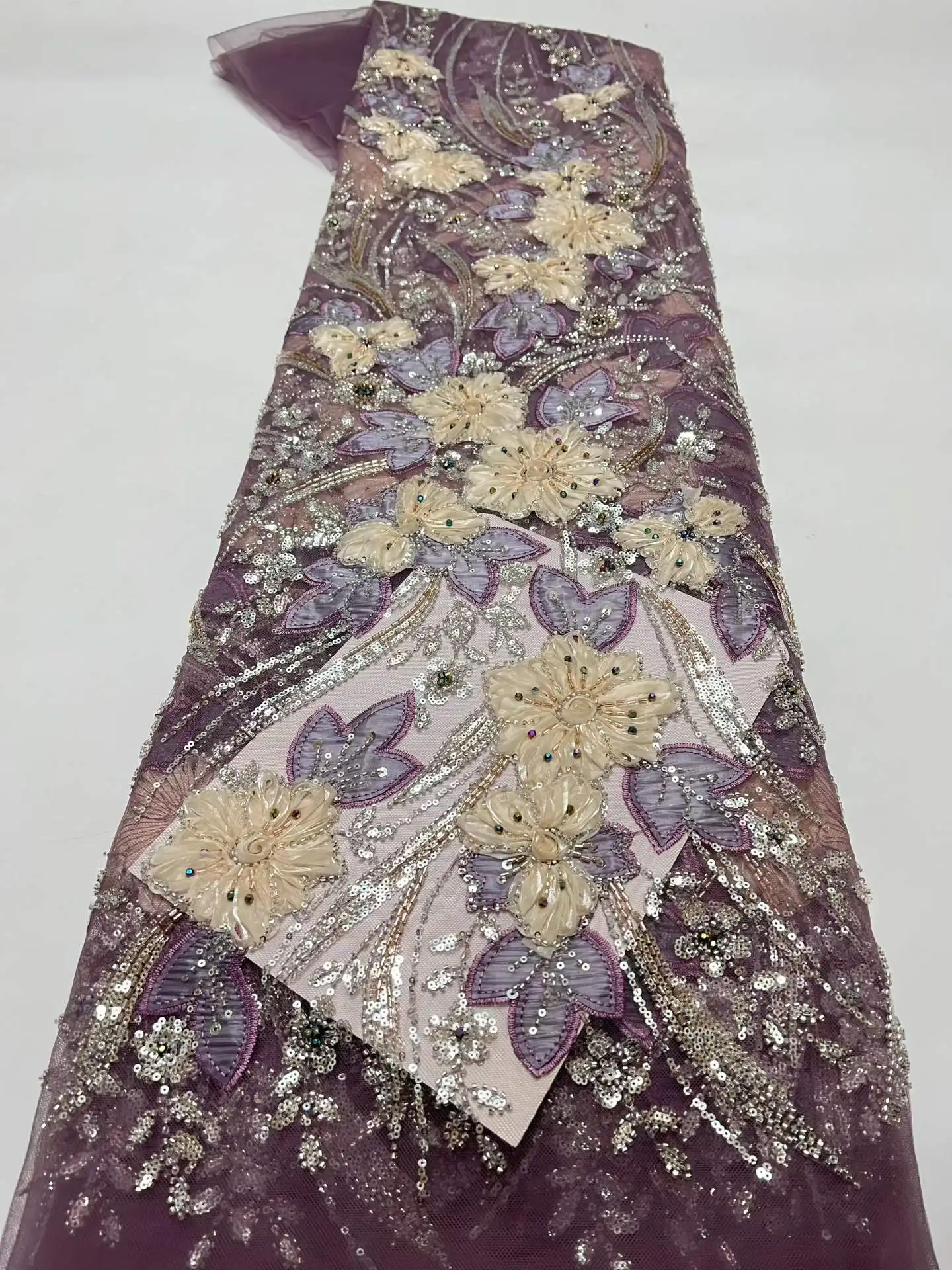 

African Chiffon Tulle Lace Fabric French Luxury Sequins Beads Mesh Lace Fabric Nigerian For Woman Evening Clothes Dresses