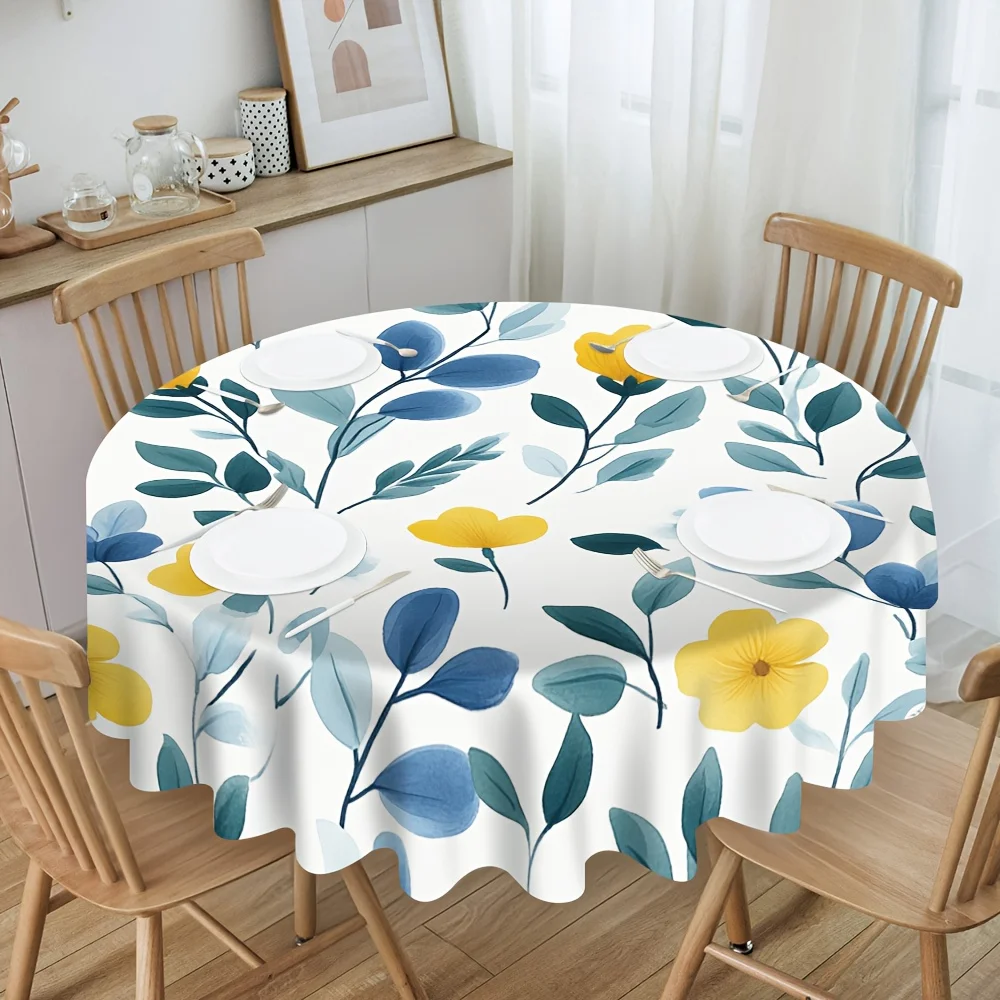 One round tablecloth with a blue and yellow floral pattern, perfect for gatherings with friends.