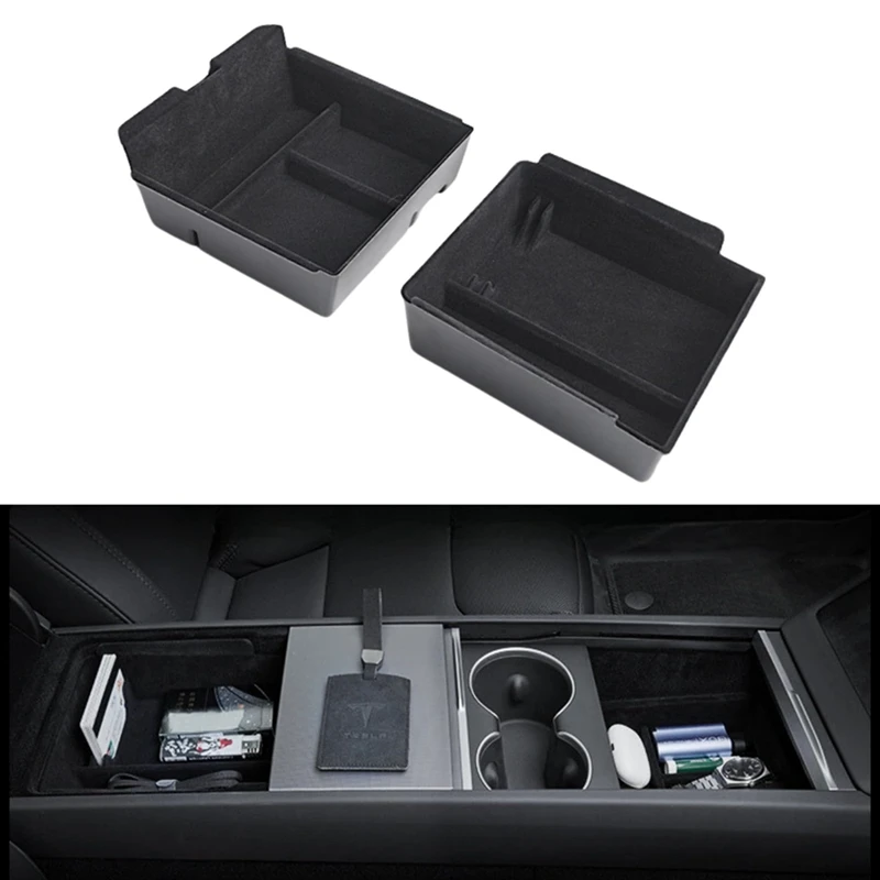 2 PCS Upgraded Center Console Organizer Tray Flocked Armrest Storage Box Interior Accessories For Tesla Model 3 Highland 2024