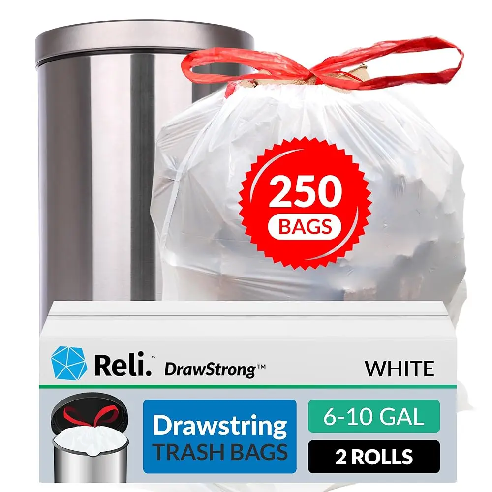 

6-10 Gallon Trash Bags Drawstring | 250 Count | 22\x23\ | 6, 8, 10 Gallon Drawstring Garbage Bags | White Trash Can Liners |