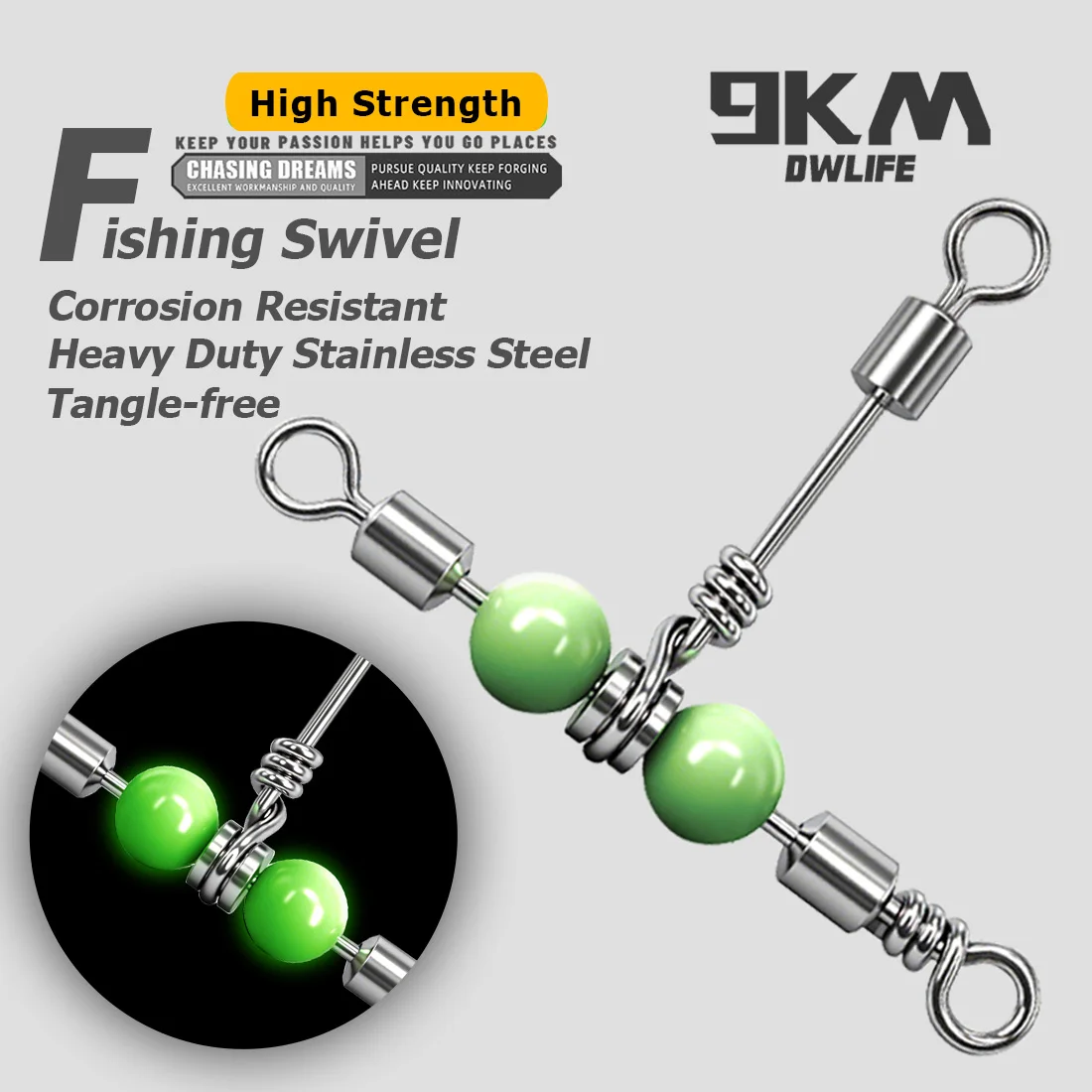 9KM 3 Way Swivel with Luminous Beads T-Shape Swivel Stainless Steel Heavy Duty Swivel for Bottom Dropper Rigs Saltwater Fishing